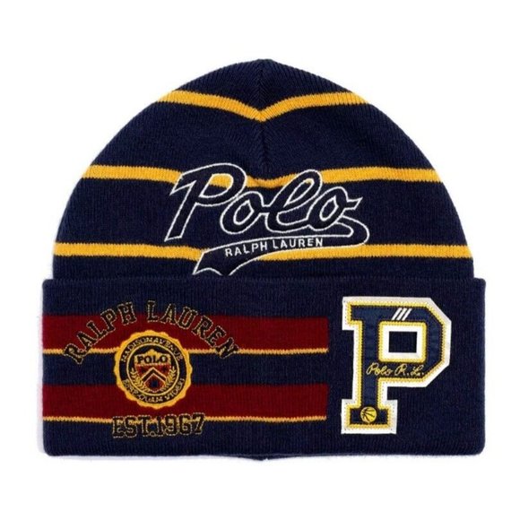 Polo Ralph Lauren Men's Beanie Hat Patch Stripes P Wing Script Logo Collegiate - Picture 1 of 5
